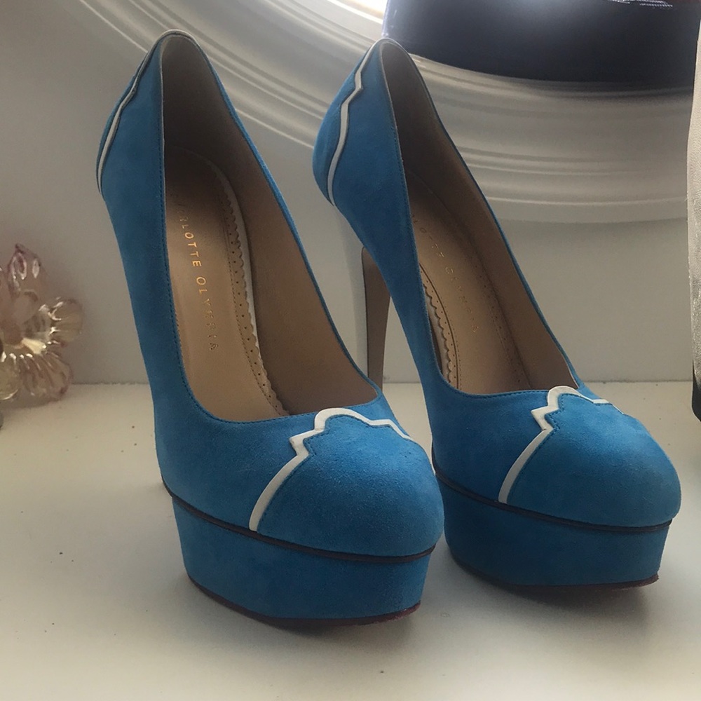 Charlotte Olympia blue + white pumps